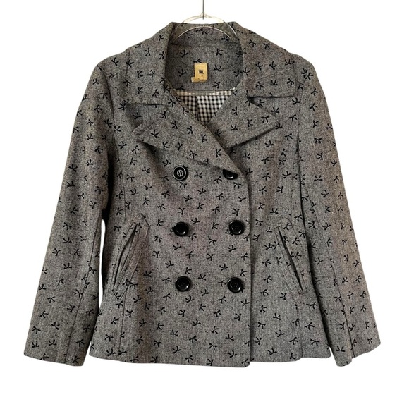 Needle & Thread Black Gray Bow Print Women's Double-Breasted Pea Coat Jacket L - Picture 3 of 7